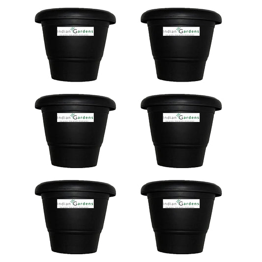 Plastic Round Pot (10 Inches) Terracotta (Black) - Set of 6