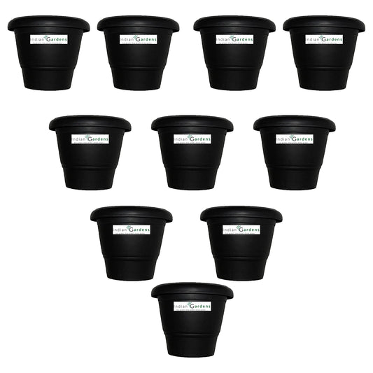 Plastic Round Pot (10 Inches) Terracotta (Black) - Set of 10